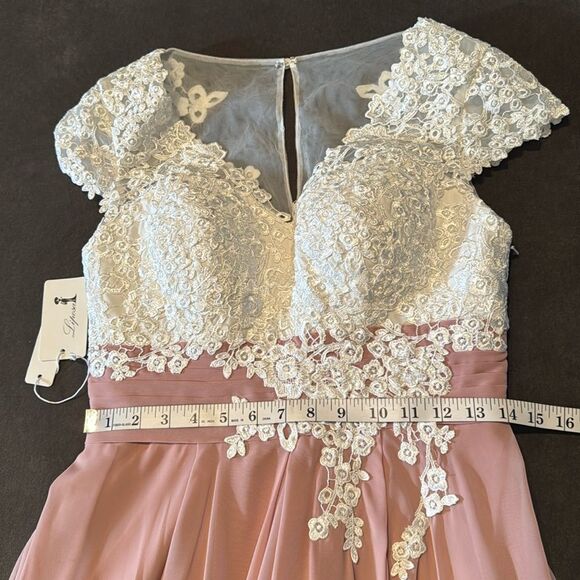 Women’s Ivory Lace Top Pink Chiffon V-Neck Cap Sleeves Formal Dress Size 4 NWT - Picture 8 of 11